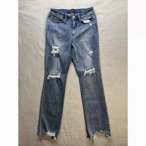 Blue Jeans Women 29x31 Straight Fit Distressed Chewed Hem Med Wash Stretch